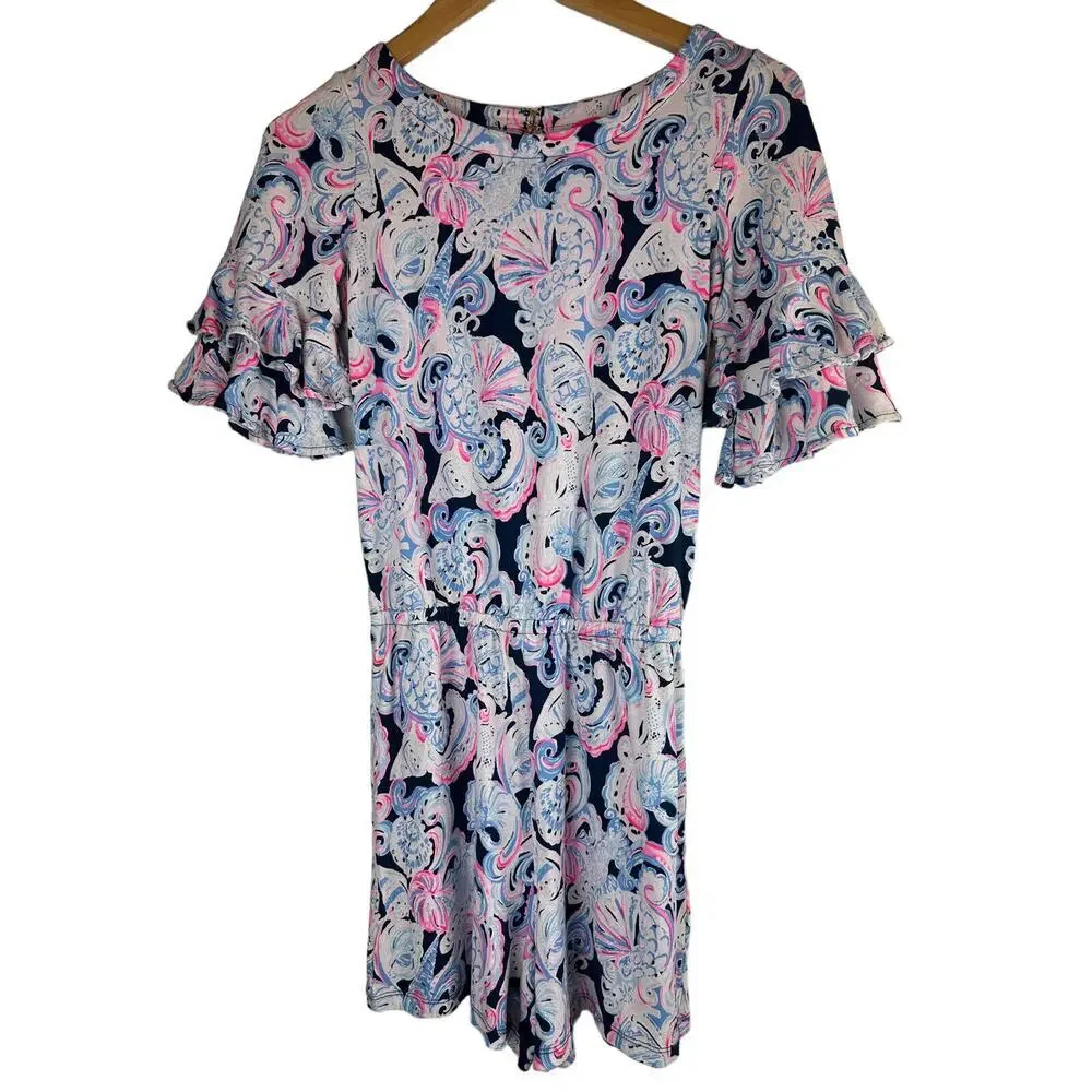 LILLY PULITZER Lula Romper Summer Shell Print One Piece Ruffle Sleeve Womens XXS - Picture 2 of 11